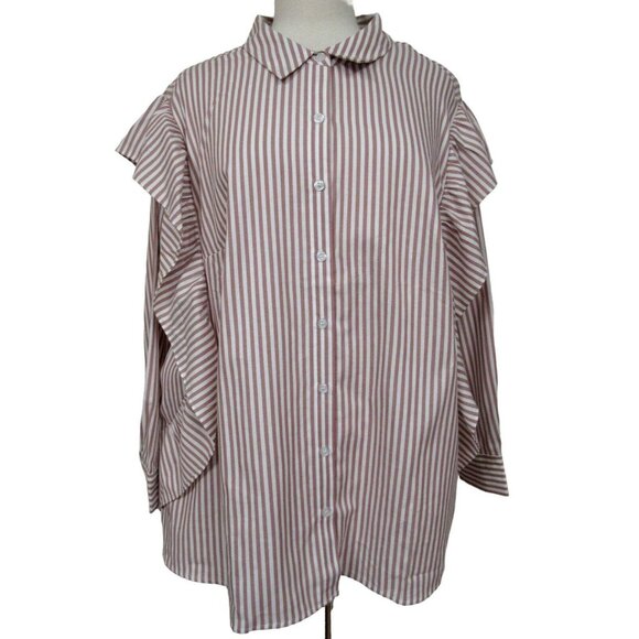 DR2 Daniel Rainn Dk Rose Pinstripe Ruffled Long Sleeve Button Up Shirt 2X NEW - Picture 1 of 9